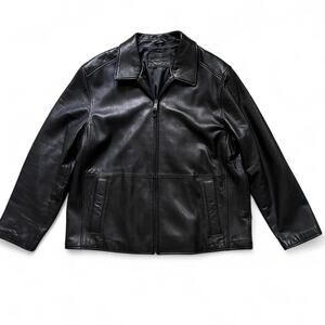 Dockers Men’s Black Leather Jacket XL Zip Up Collared Soft Real Leather Moto